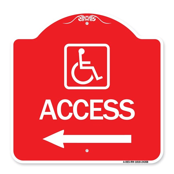 Access W/ Updated Isaand Left Arrow, Red & White Aluminum Architectural Sign, 18" H, RW-1818-24358